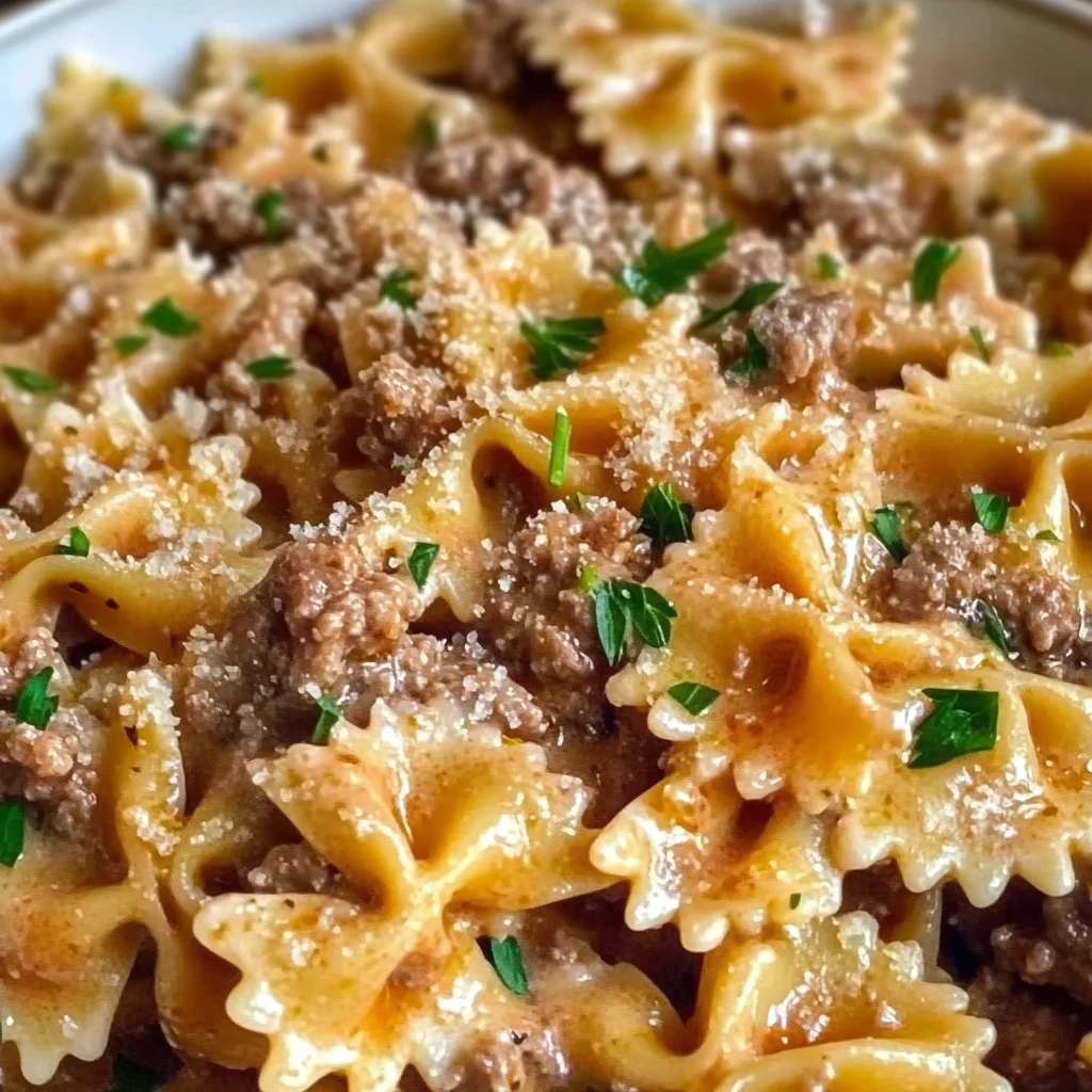 Creamy Parmesan Garlic Beef Bowtie Pasta
