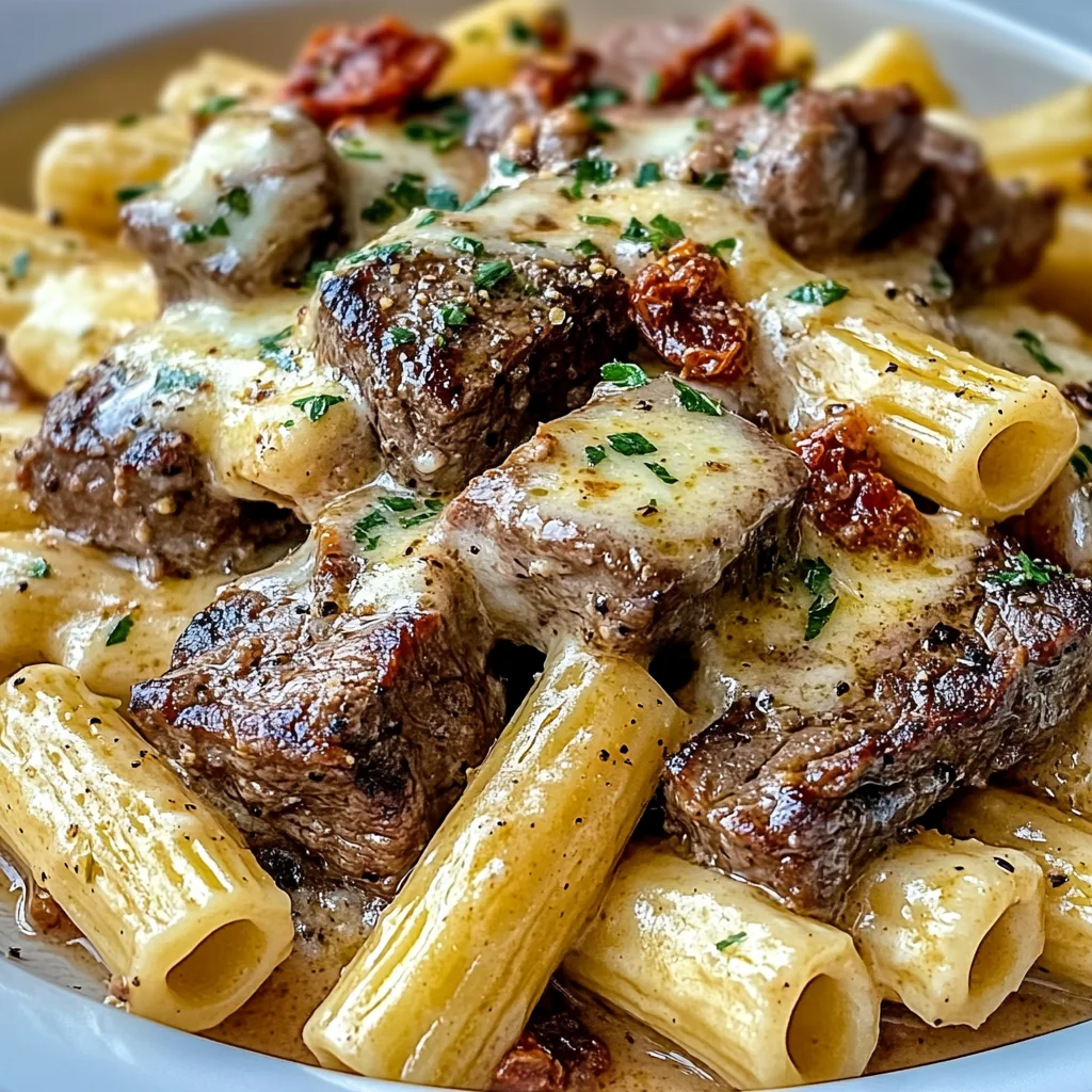 Garlic Butter Steak Tips with Cheesy Rigatoni