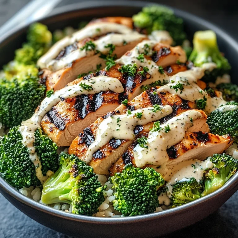 Grilled Chicken & Broccoli Bowls with Creamy Garlic Sauce