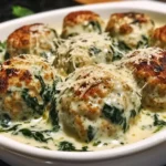 Baked Chicken Ricotta Meatballs with Spinach Alfredo Sauce