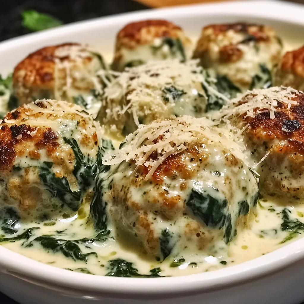 Baked Chicken Ricotta Meatballs with Spinach Alfredo Sauce