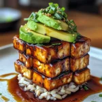 Crispy Teriyaki Tofu and Avocado Rice Stack