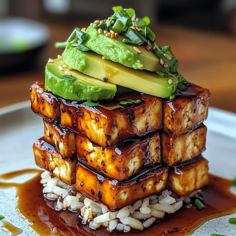 Crispy Teriyaki Tofu and Avocado Rice Stack