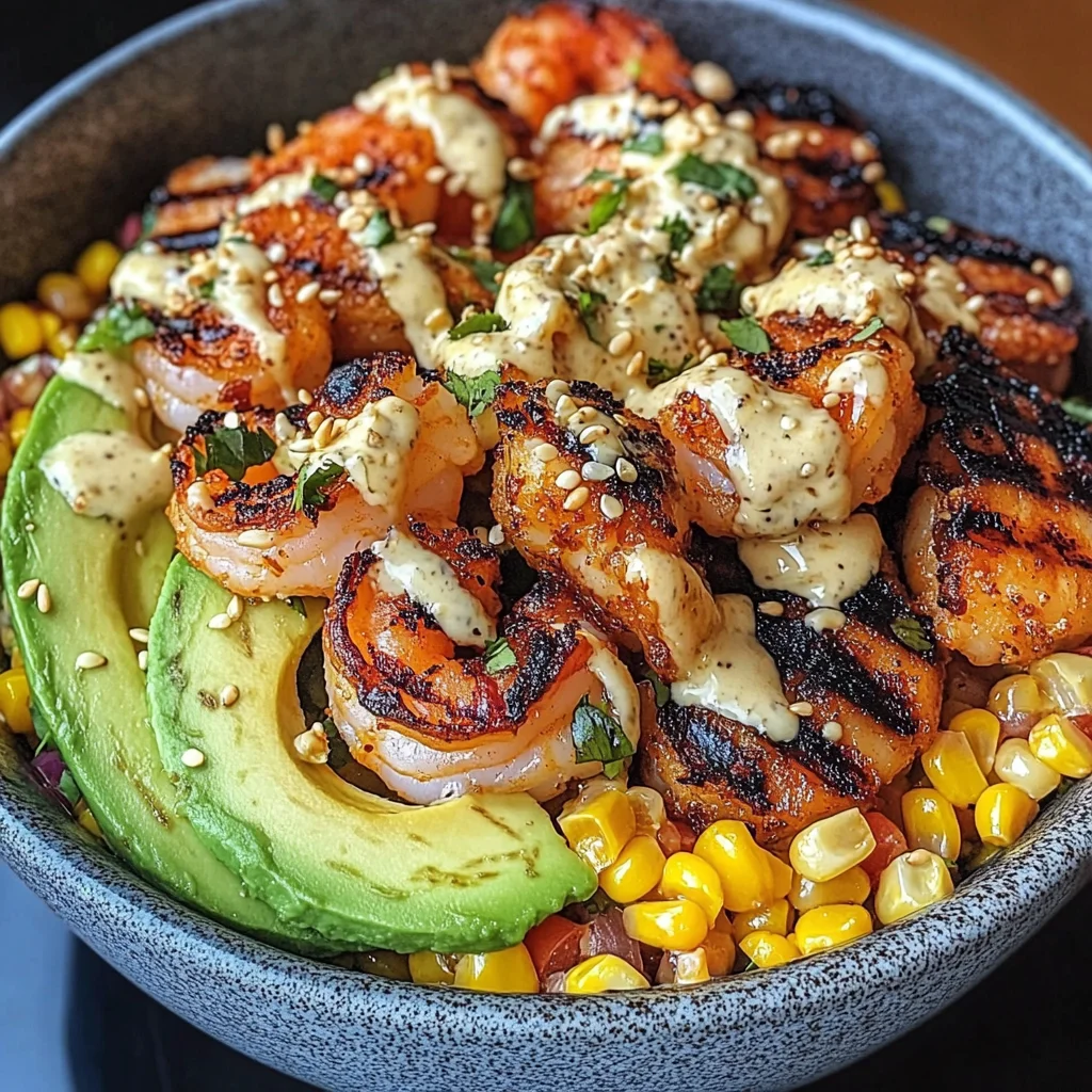Grilled Shrimp Bowl with Avocado, Corn Salsa & Creamy Garlic Sauce