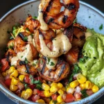 Grilled Shrimp Bowl with Avocado, Corn Salsa & Creamy Sauce