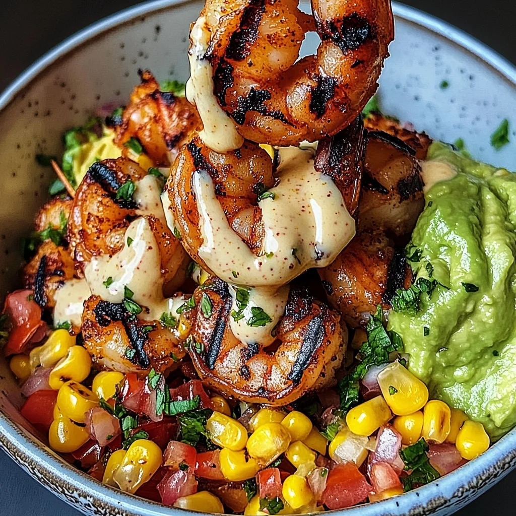 Grilled Shrimp Bowl with Avocado, Corn Salsa & Creamy Sauce