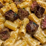 Cajun Steak Tips in Cheesy Rigatoni Parmesan Sauce