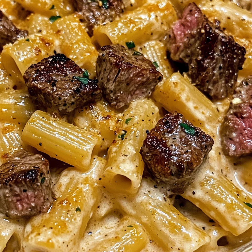 Cajun Steak Tips in Cheesy Rigatoni Parmesan Sauce
