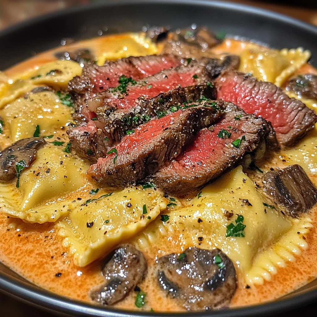 Creamy Tomato Mushroom Ravioli with Seared Steak