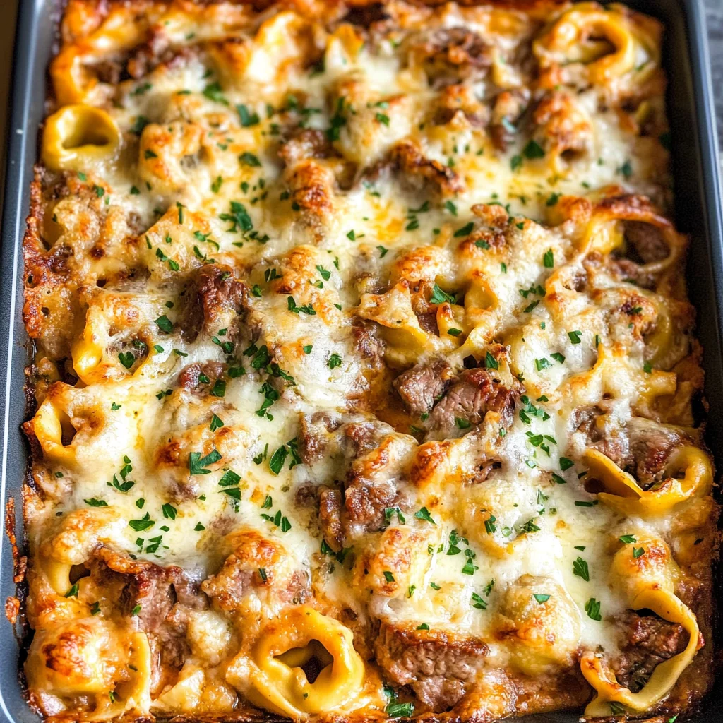 Golden Cheese Steak Tortellini Casserole
