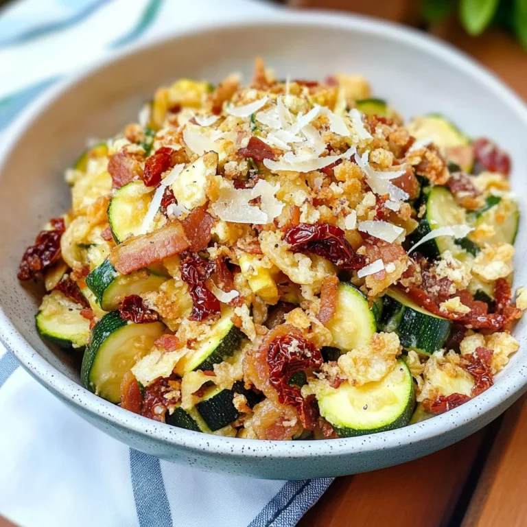 Zucchini with Sun Dried Tomatoes, Bacon, and Crispy Onions