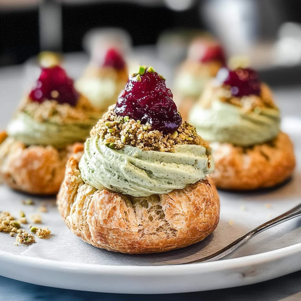 Cream puffs with Pistachio creme mousseline and raspberry jam