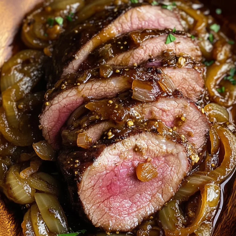 Maple Mustard beef Tenderloin with Caramelized Onions